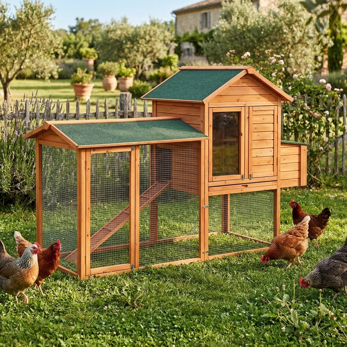 Poulailler en bois de sapin orange à 2 niveaux avec poules dans un jardin