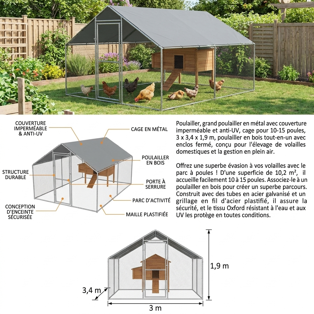 Enclos pour poules en acier galvanisé 3 x 3,4 x 1,9 m – photo 2
