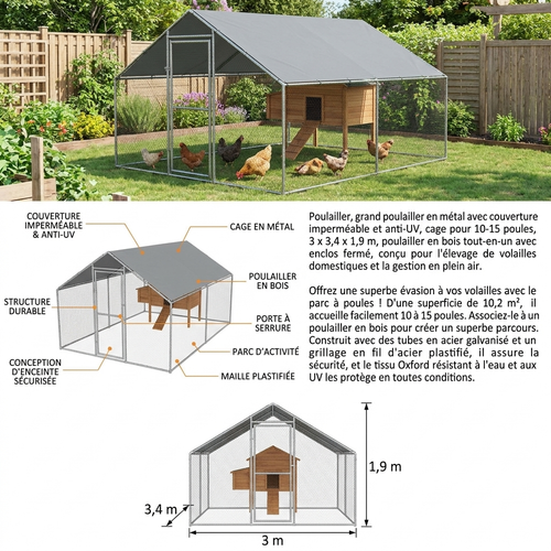 Enclos pour poules en acier galvanisé 3 x 3,4 x 1,9 m – photo 2