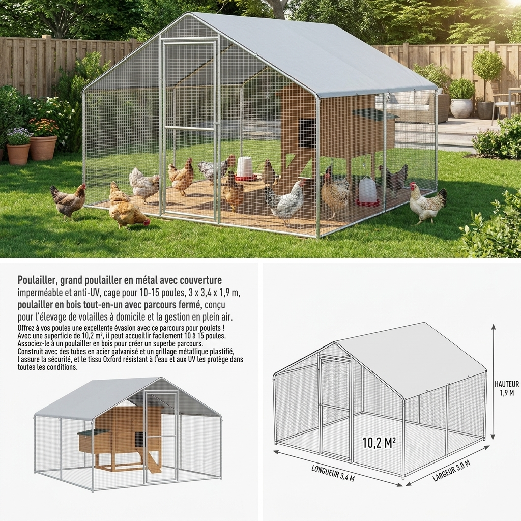 Enclos pour poules en acier galvanisé 3 x 3,4 x 1,9 m – photo 4