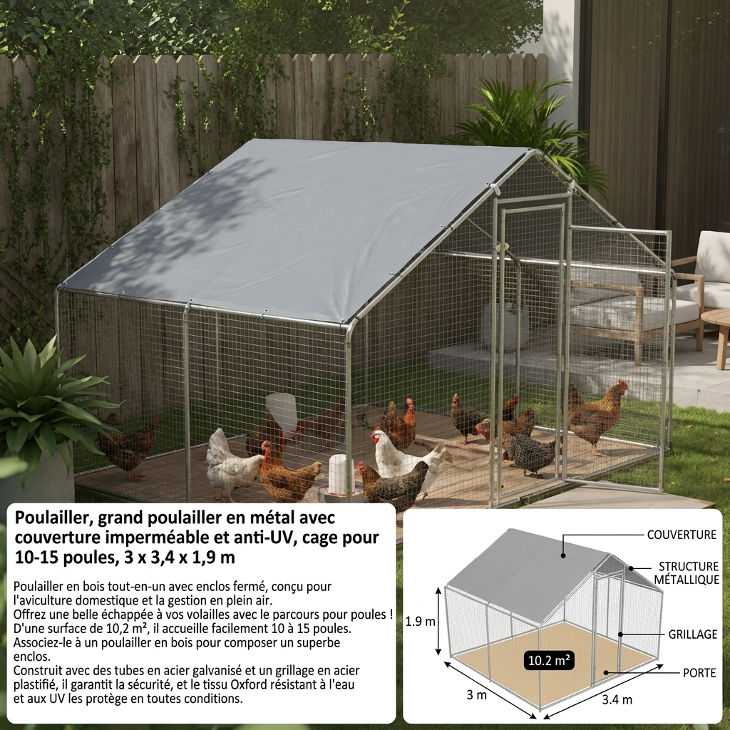 Enclos pour poules en acier galvanisé 3 x 3,4 x 1,9 m – photo 5