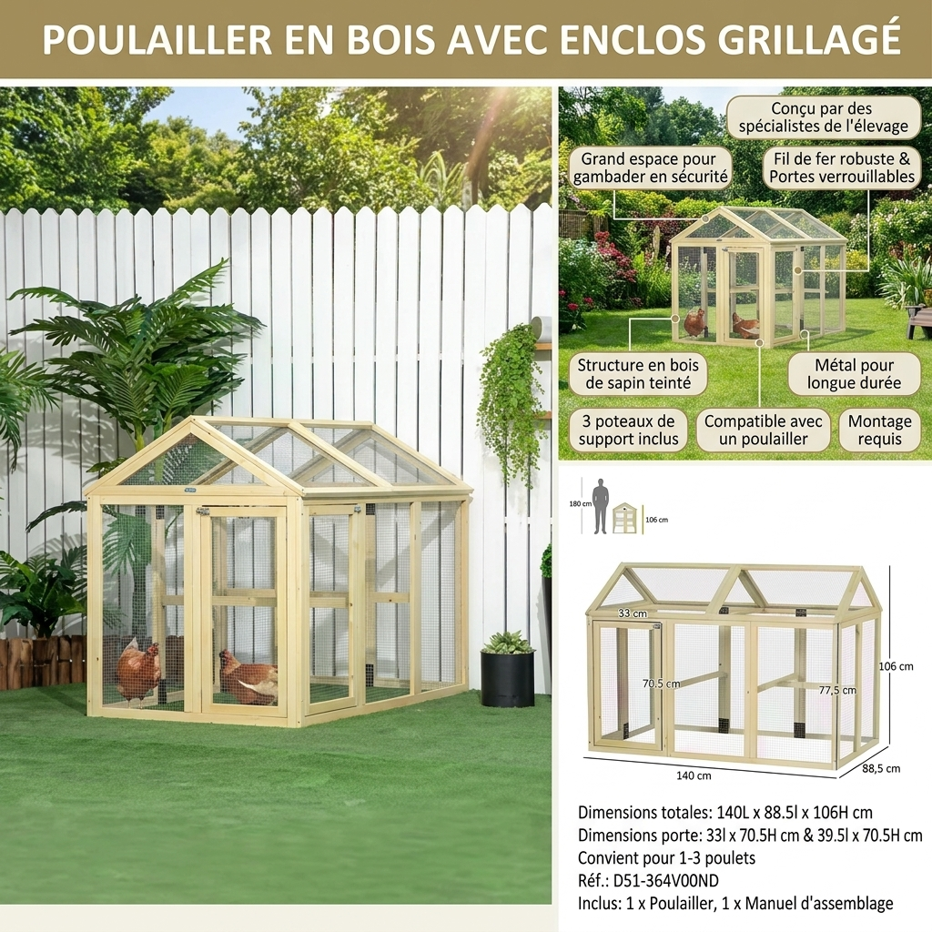 Enclos pour poules en bois de sapin 140 x 88,5 x 106 cm – photo 5