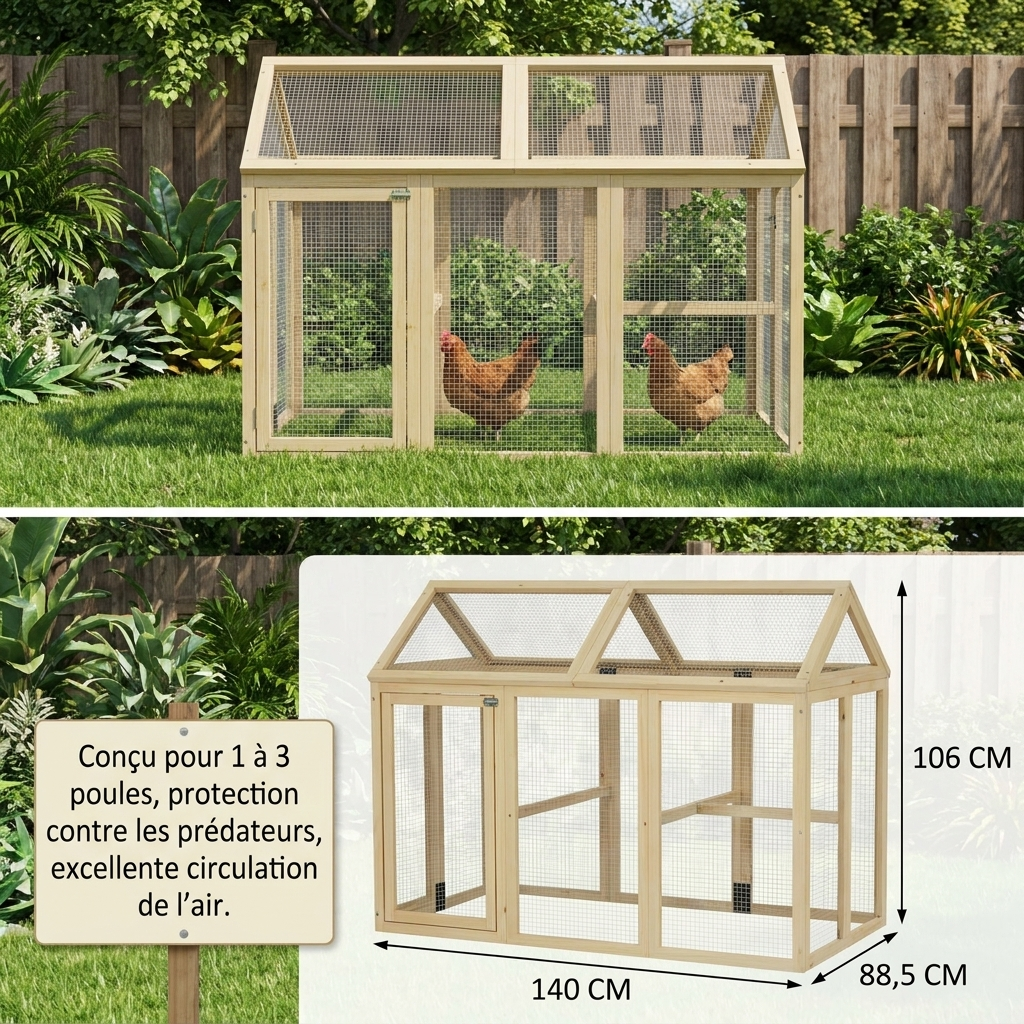 Enclos pour poules en bois de sapin 140 x 88,5 x 106 cm – photo 3