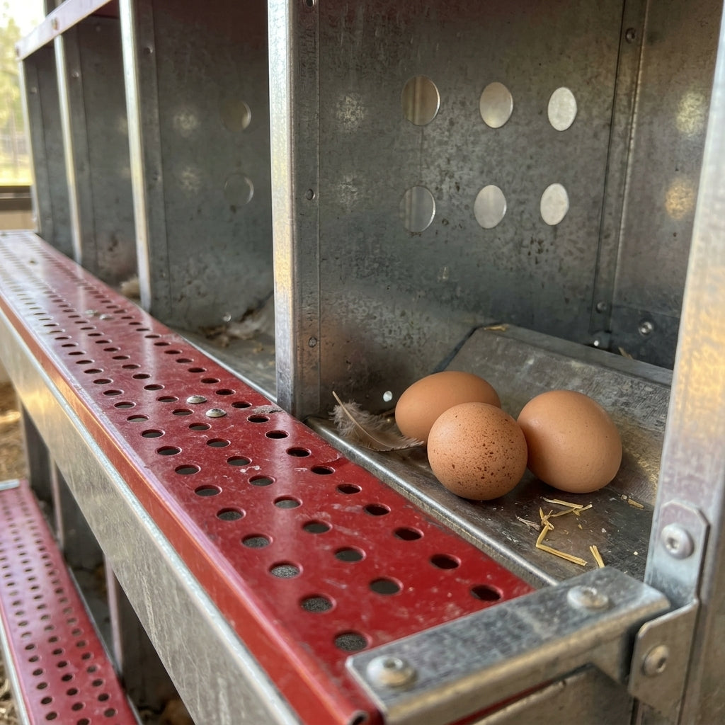 Œufs dans le bac du pondoir en acier galvanisé