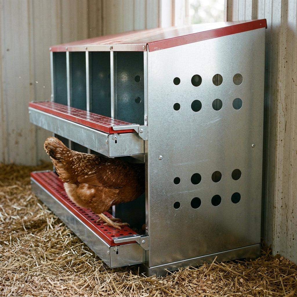 Poule entrant dans un nid du pondoir