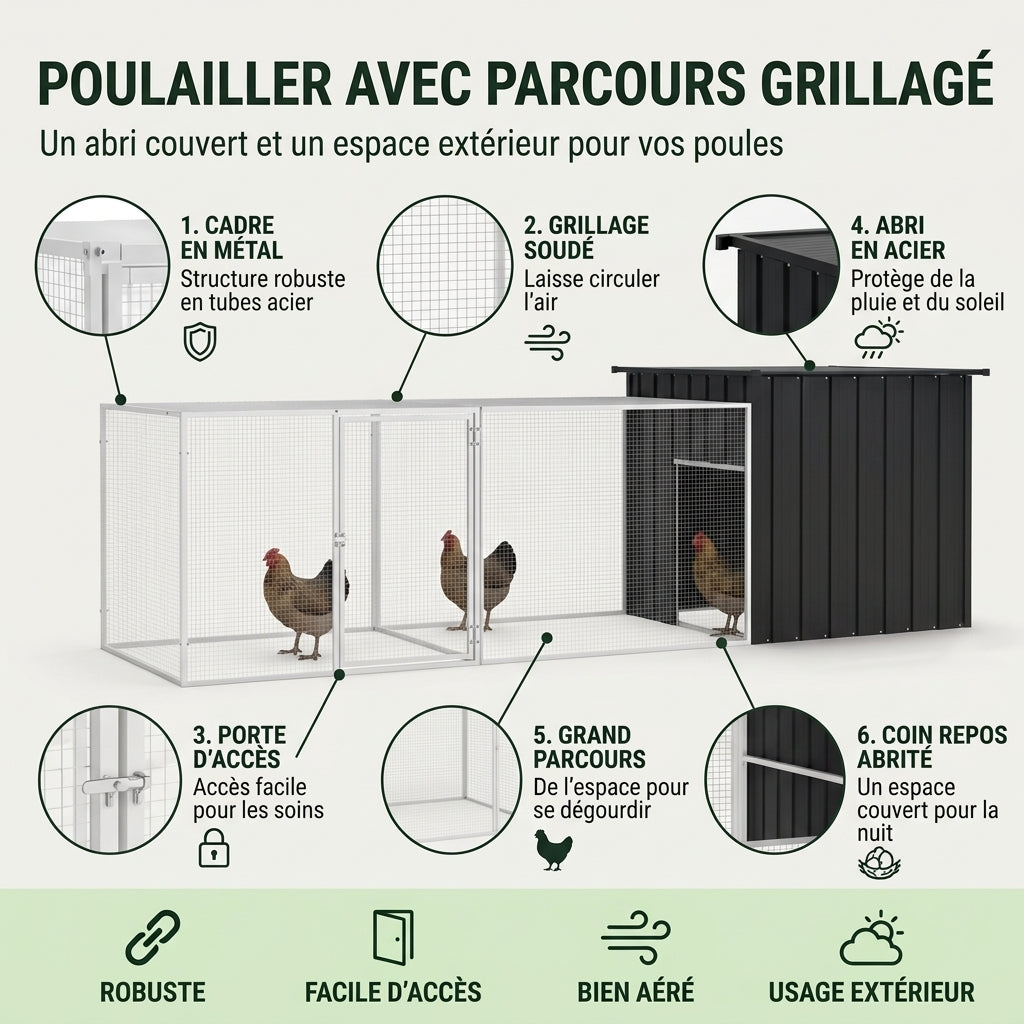 Points forts du poulailler en métal avec parcours et abri