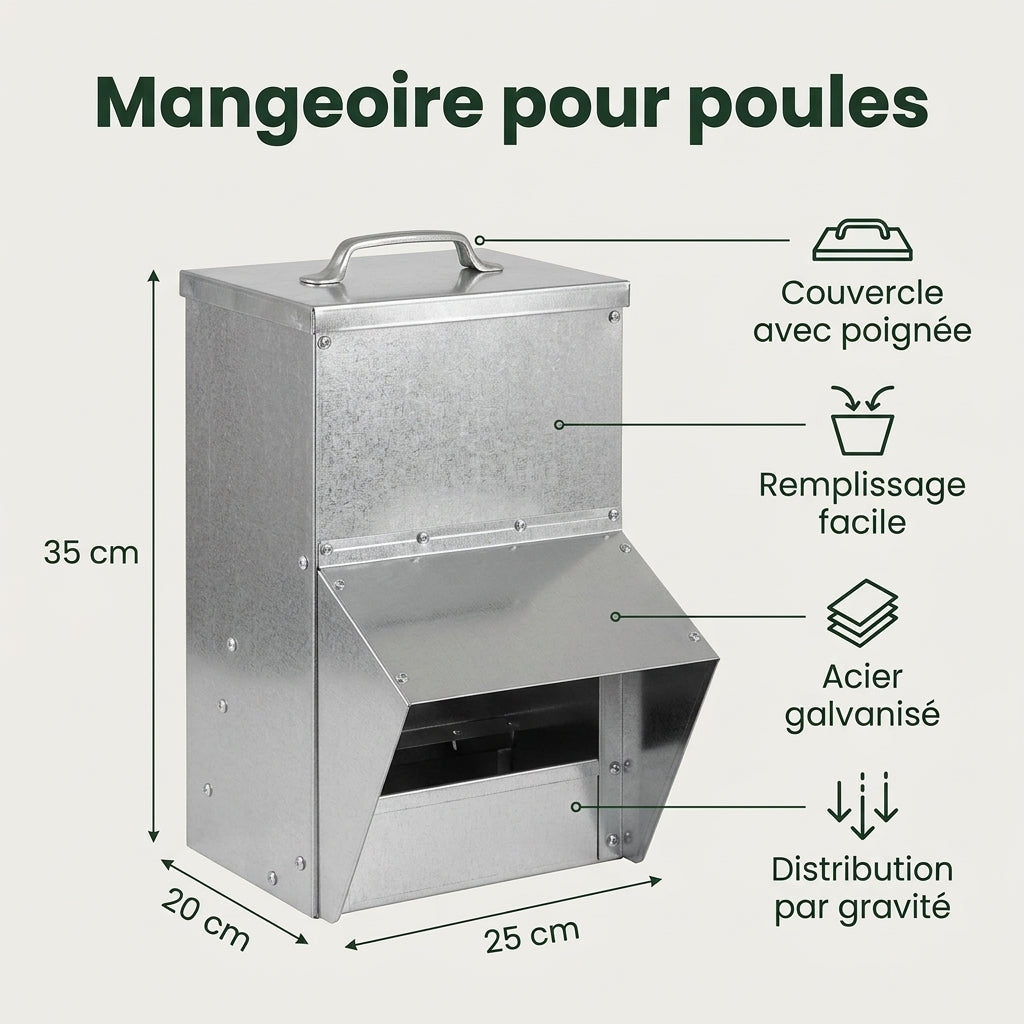 Mangeoire pour poules 20 x 25 x 35 cm : dimensions et caractéristiques