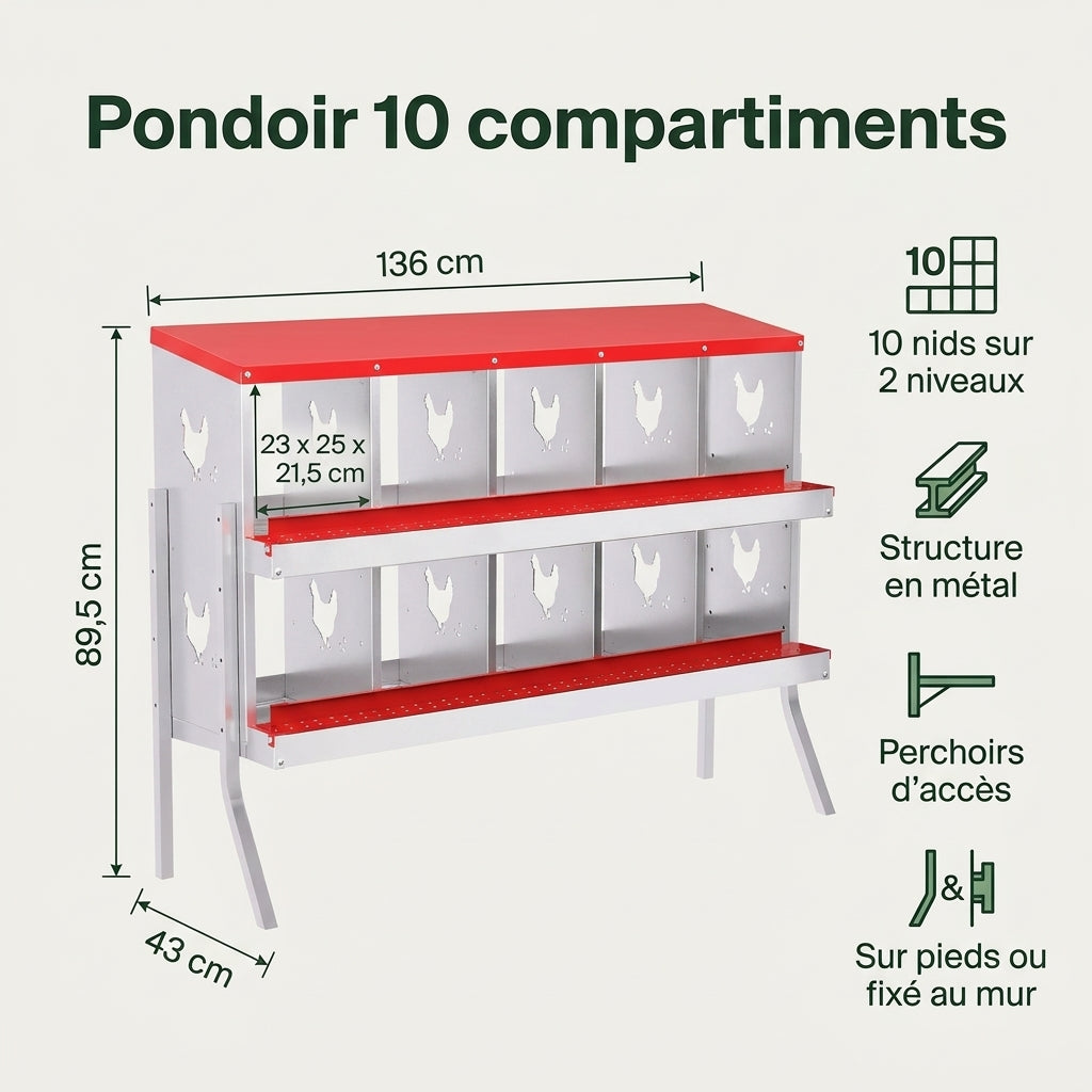 Pondoir 10 compartiments : dimensions et caractéristiques