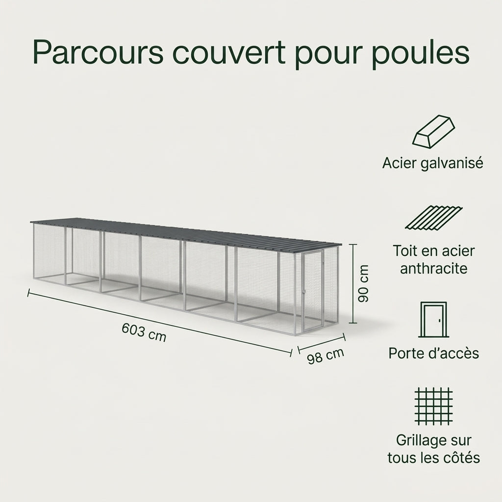 Parcours couvert pour poules : dimensions et caractéristiques
