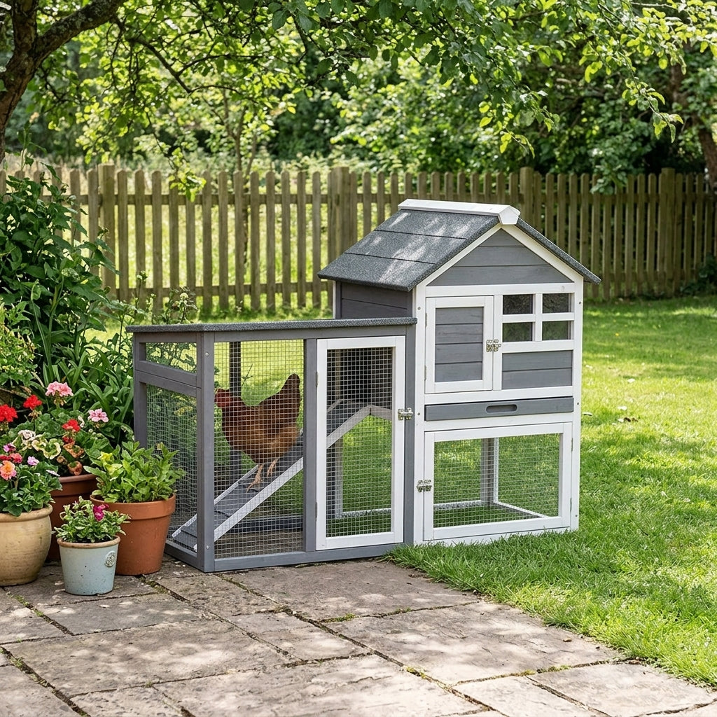 Poule montant la rampe du poulailler en bois gris