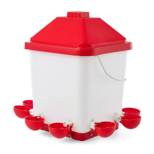 Abreuvoir pour poules 19 litres blanc et rouge avec 6 coupelles