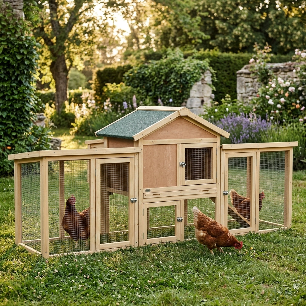 Poules près du grand poulailler en bois dans un jardin