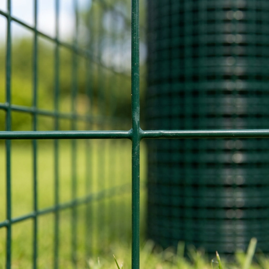Gros plan sur les mailles carrées du grillage PVC vert