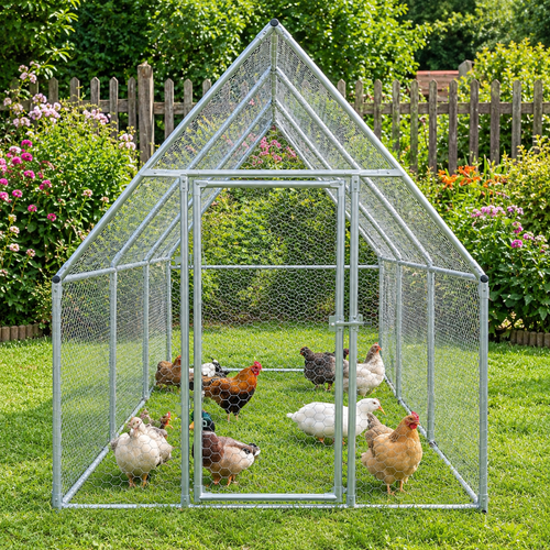 Enclos pour poules en acier galvanisé avec toit incliné dans un jardin fleuri