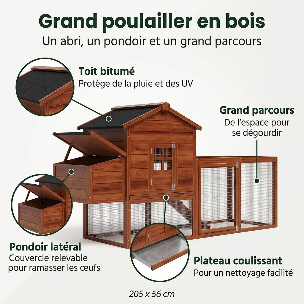 Points forts du grand poulailler en bois : pondoir, toit, plateau et parcours