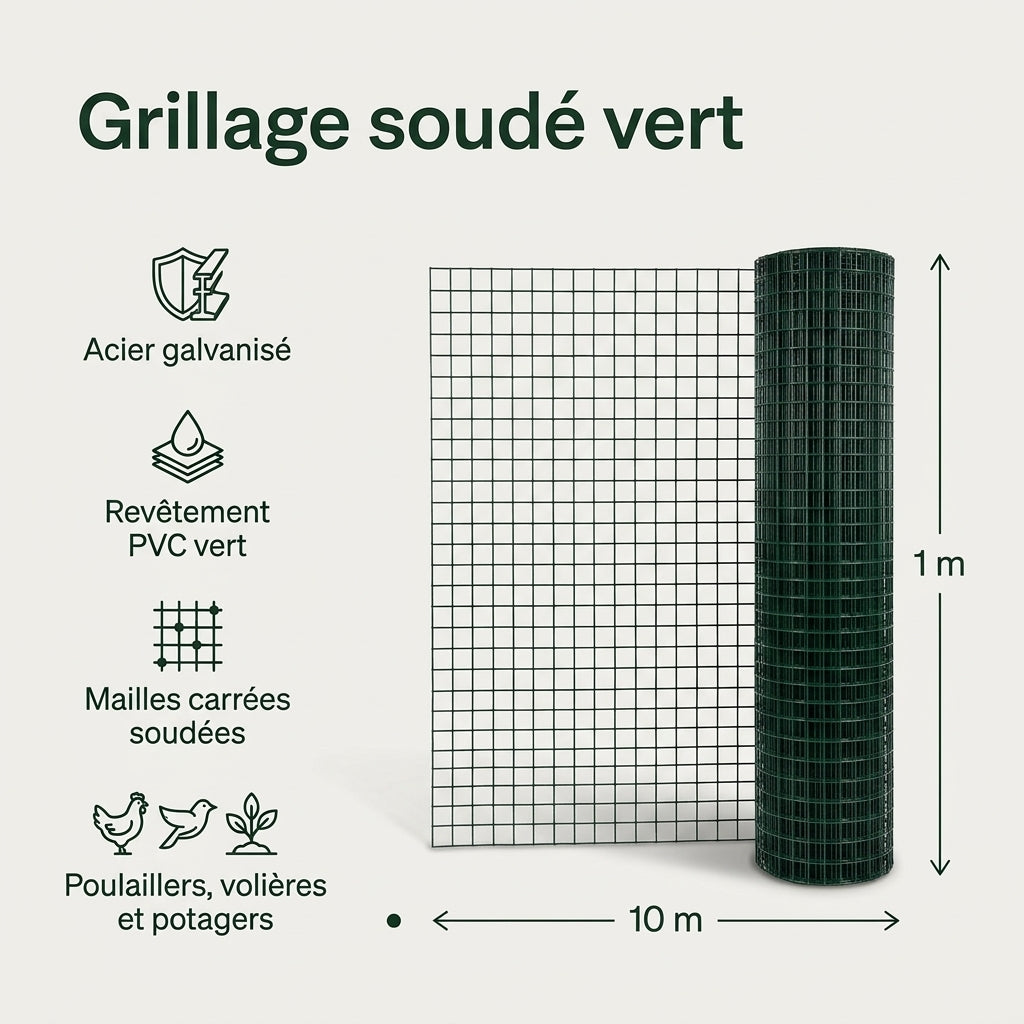 Grillage soudé vert 10 x 1 m : caractéristiques