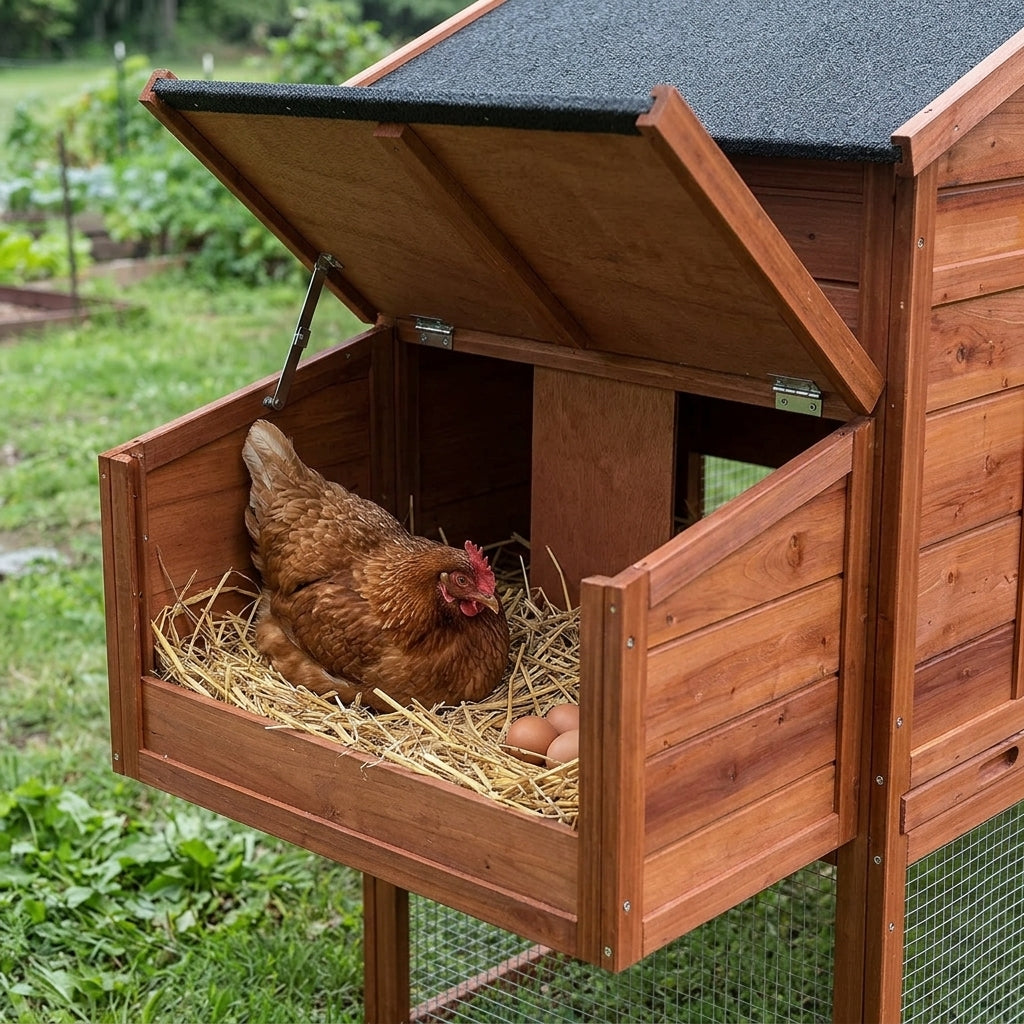 Poule dans le pondoir latéral ouvert du poulailler