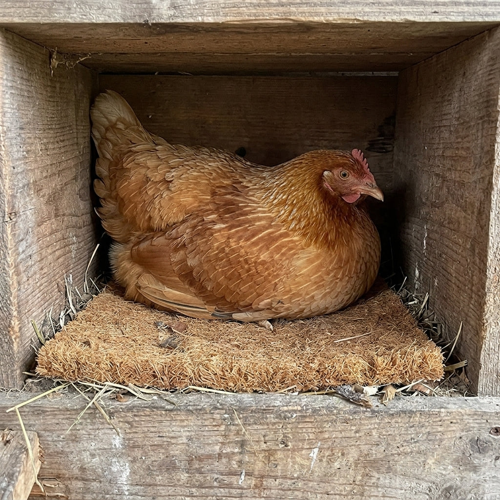 Poule couchée sur le tapis de pondoir dans un nid en bois