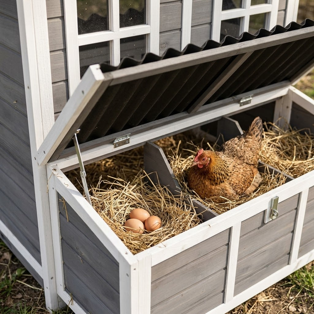 Poule dans le pondoir ouvert du poulailler