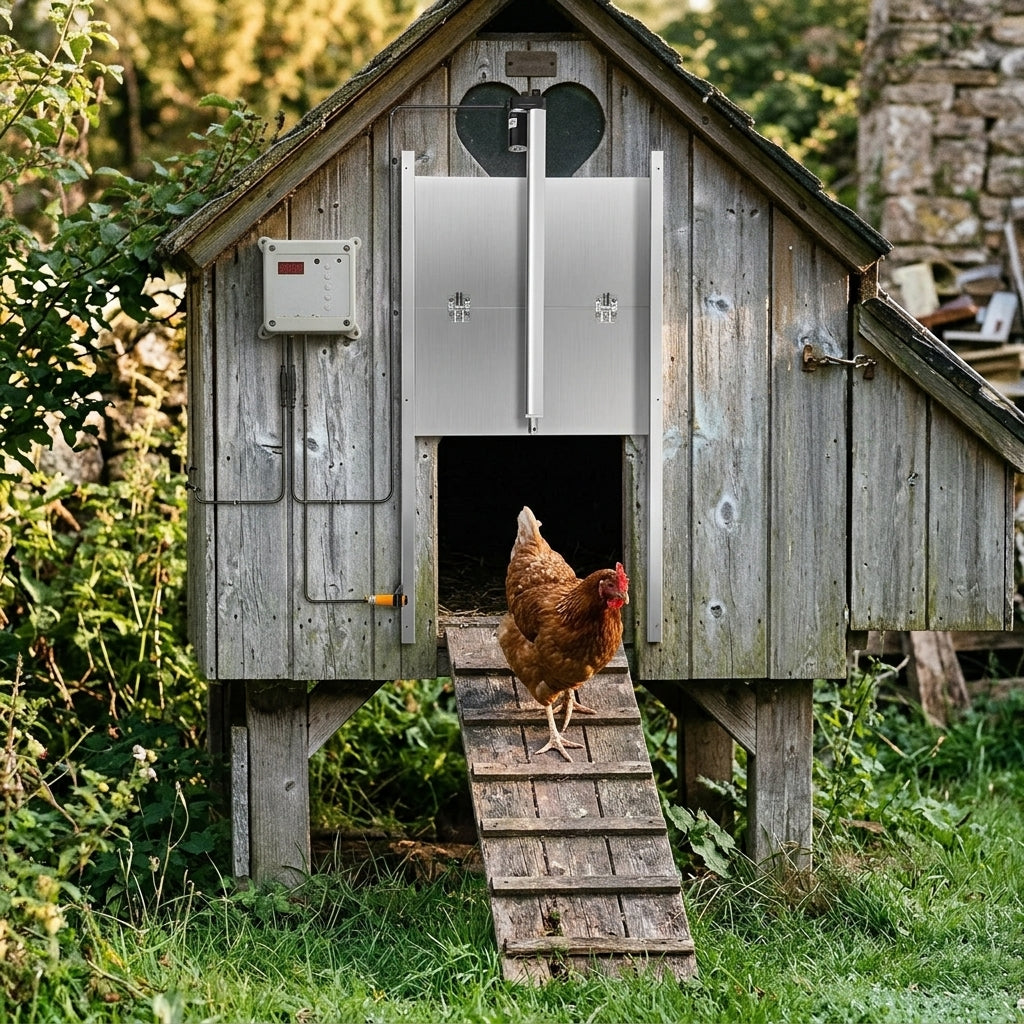 Poule sortant par la porte automatique électrique ouverte