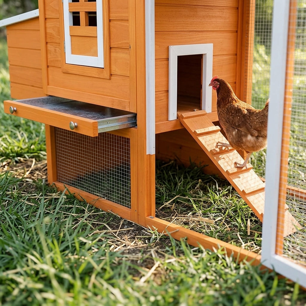Poule montant la rampe vers l'abri du poulailler