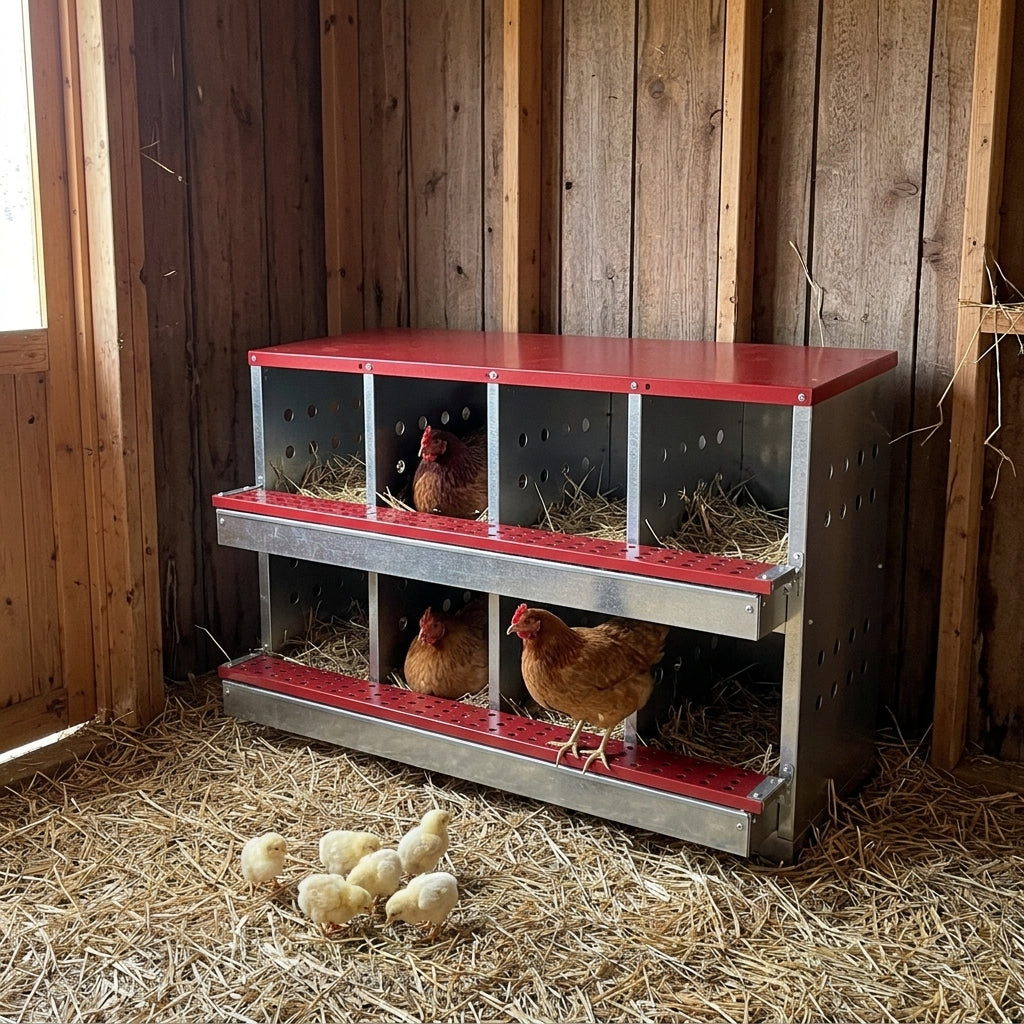 Poules installées dans le pondoir 8 compartiments