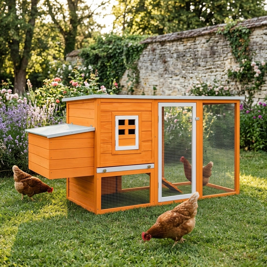 Poules autour du poulailler en bois orange au jardin