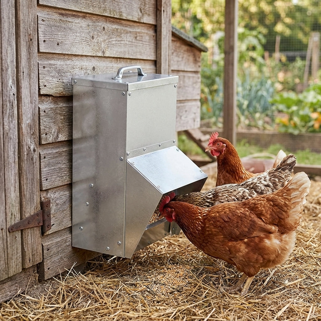 Poules mangeant dans la mangeoire en acier galvanisé