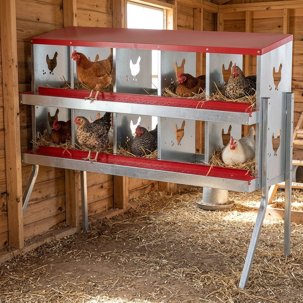 Poules installées dans le pondoir 10 compartiments