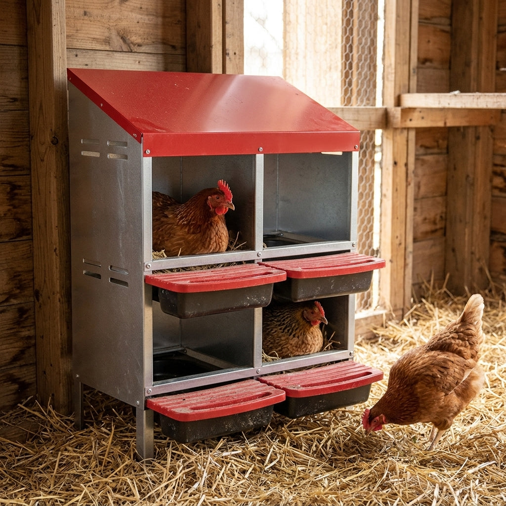 Poules dans le pondoir 4 nids