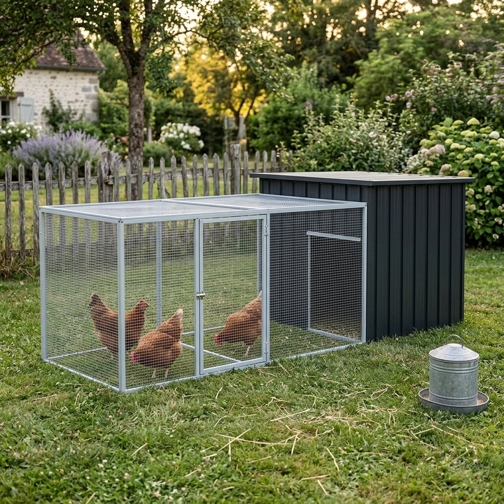 Poules dans le parcours grillagé du poulailler en métal