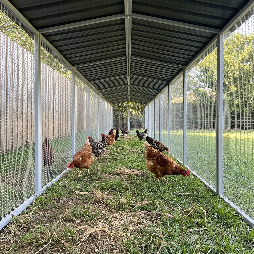 Intérieur du parcours couvert avec des poules