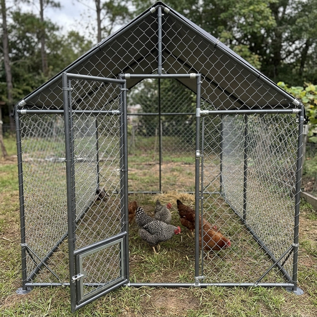 Poules dans le grand enclos métallique au jardin