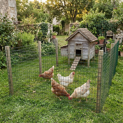 Parcours de poules clôturé avec le grillage vert