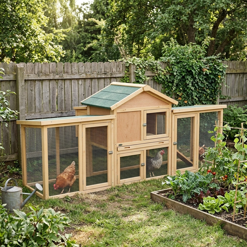 Poules dans le grand poulailler en bois