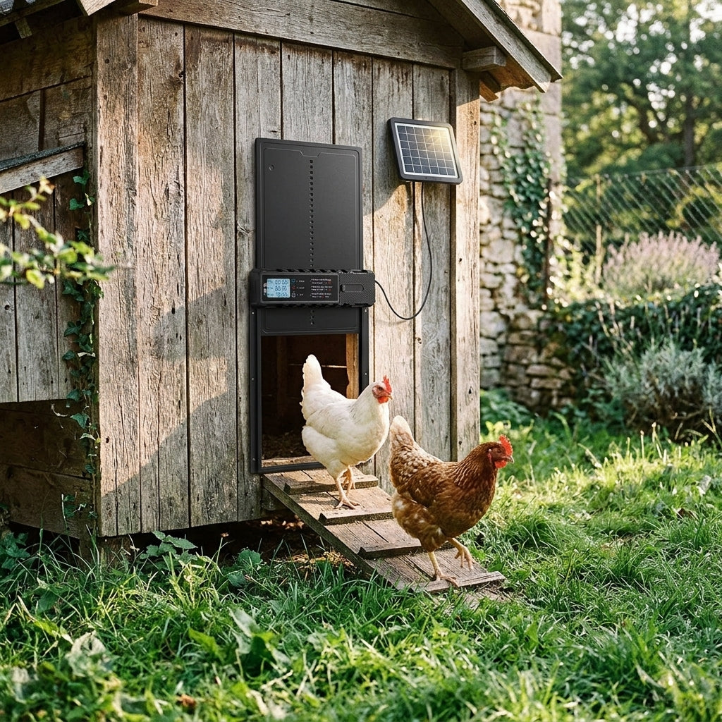 Poules sortant par la porte automatique ouverte le matin