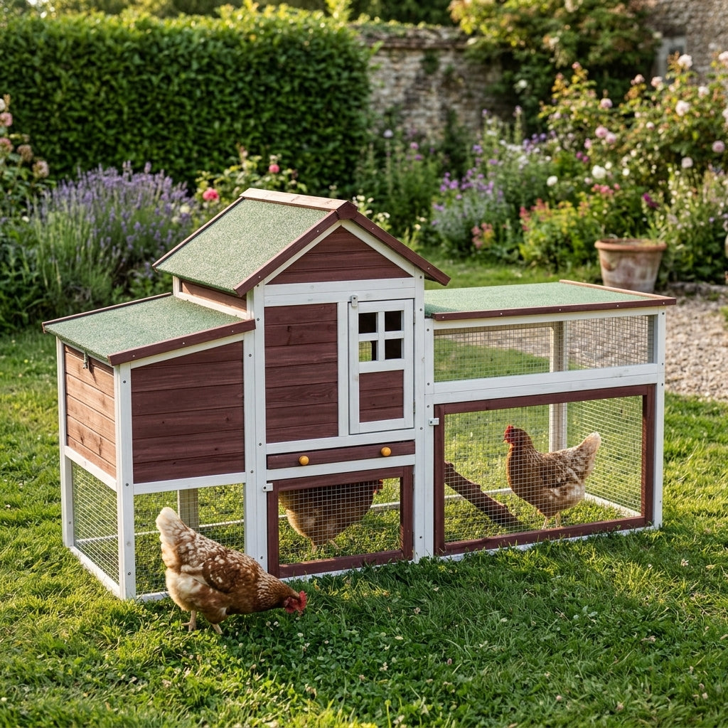 Poules autour du poulailler en bois au jardin