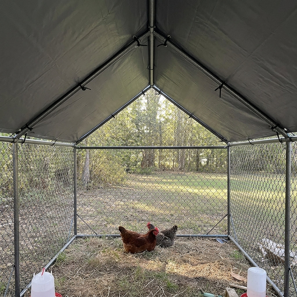 Poules à l'ombre sous le toit en bâche de l'enclos