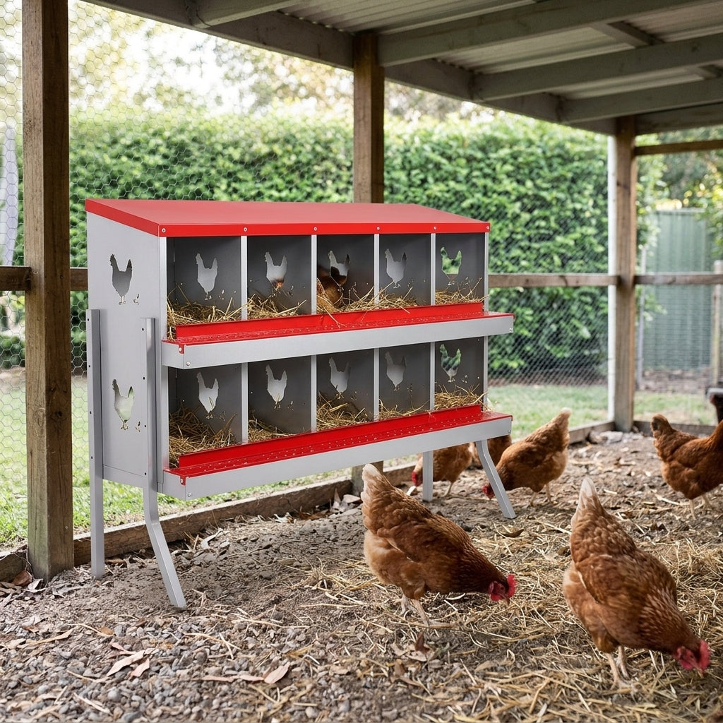 Pondoir en métal dans un parcours extérieur avec des poules