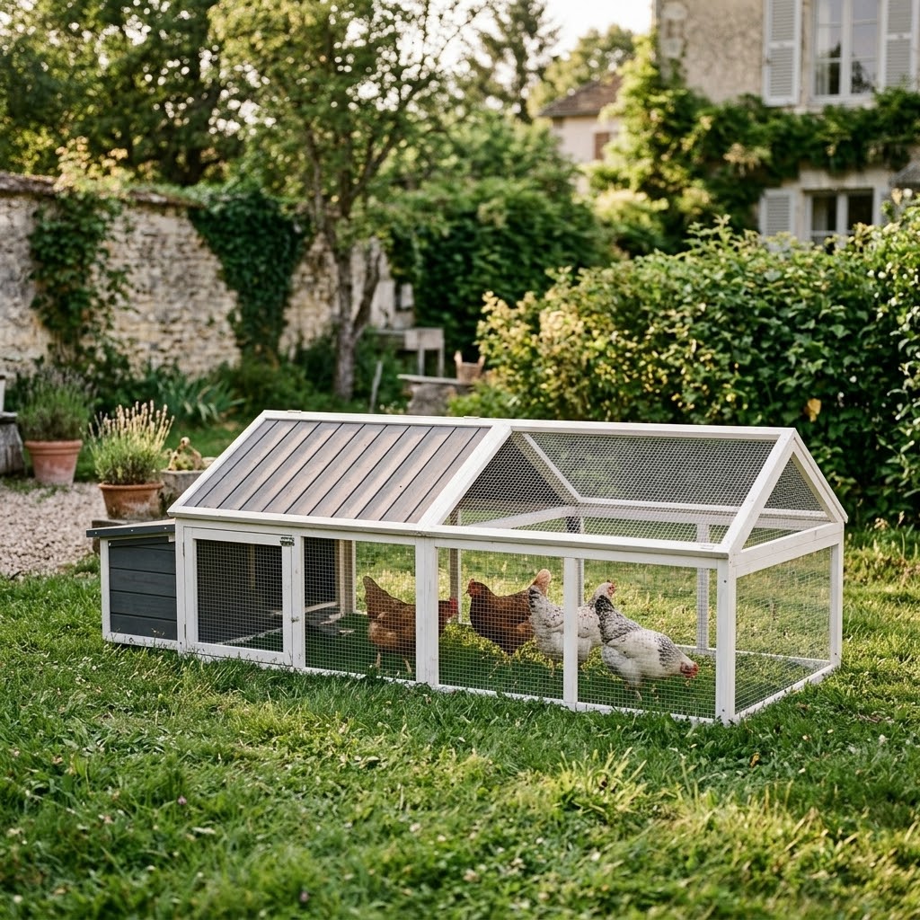 Poules dans le grand parcours du poulailler