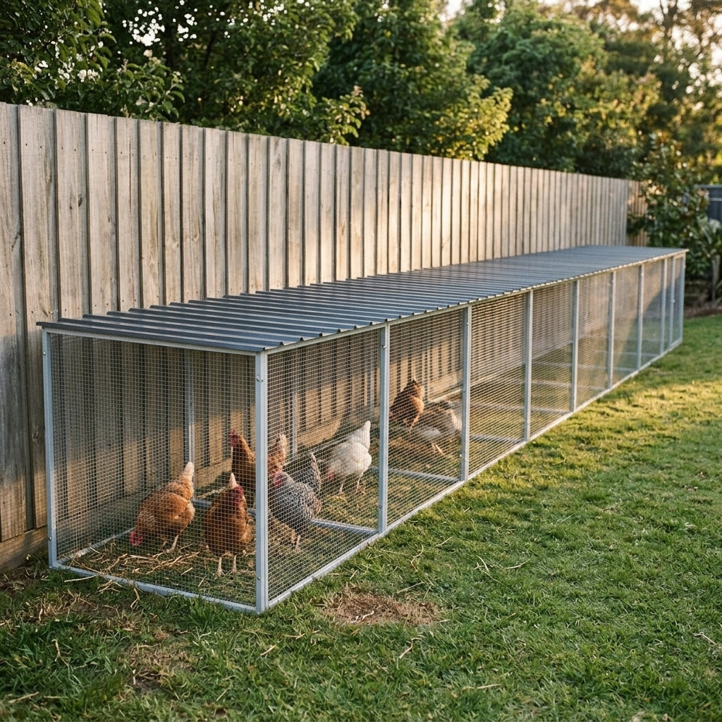Poules dans le parcours couvert le long d'une clôture