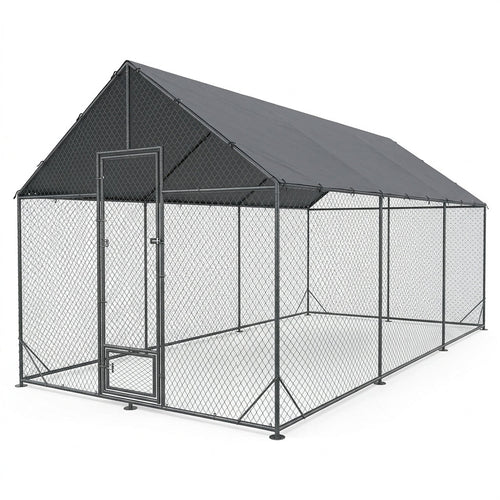 Grand enclos pour poules en acier avec toit en bâche et porte de passage – 3 tailles de 5,25 à 17,82 m²