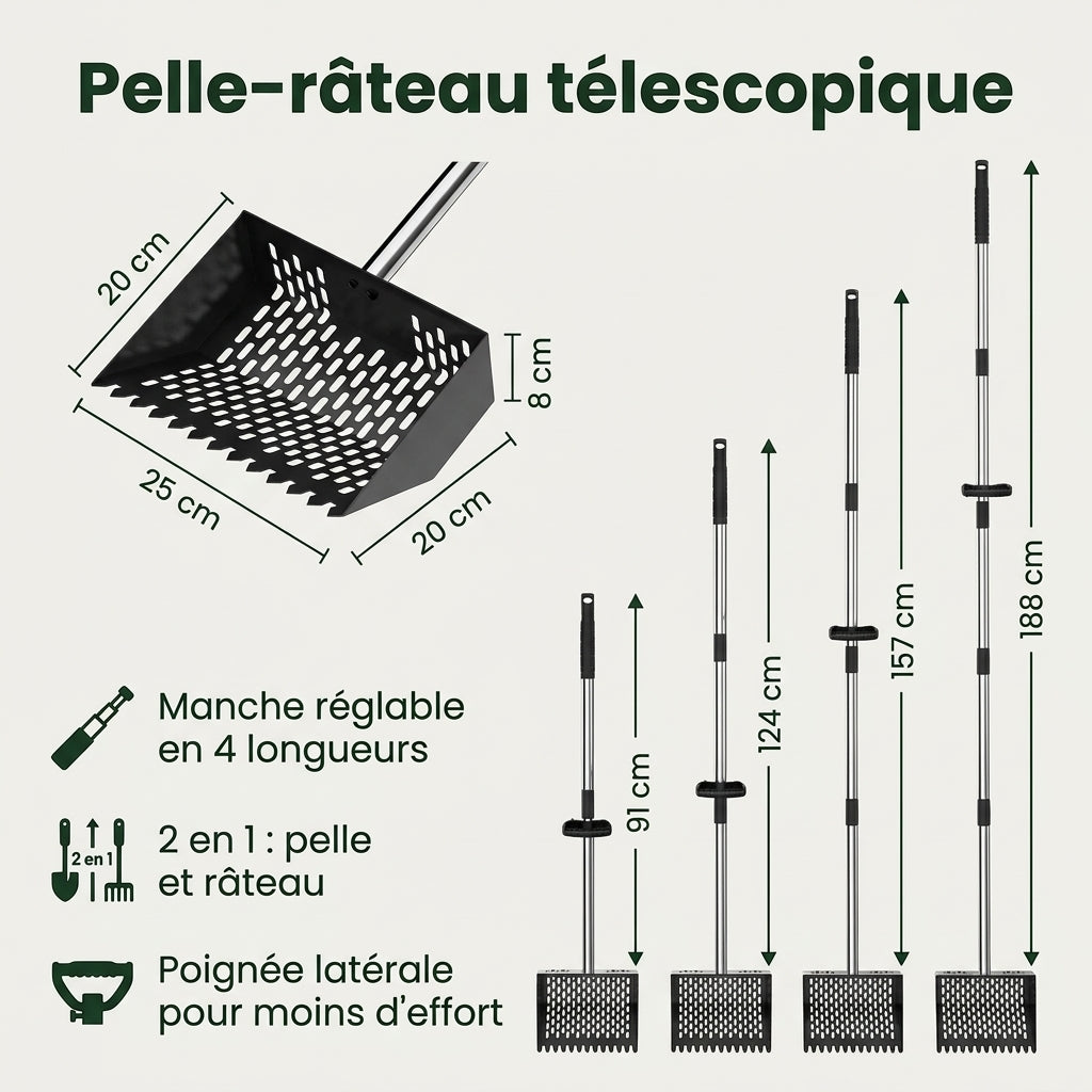 Pelle-râteau télescopique : 4 longueurs de manche et dimensions de la tête