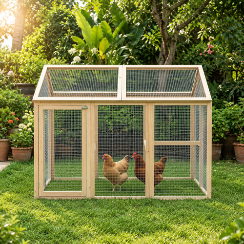 Enclos pour poules en bois de sapin et grillage métallique dans un jardin