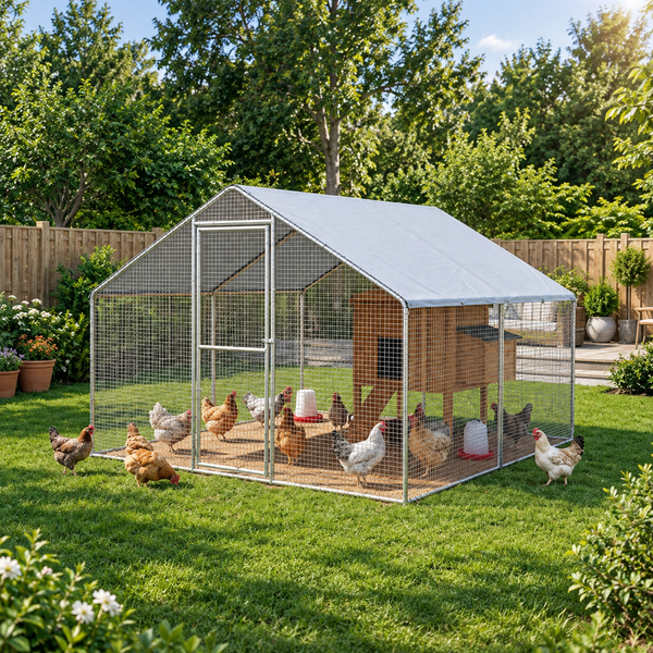 Enclos pour poules en acier galvanisé avec bâche dans un jardin