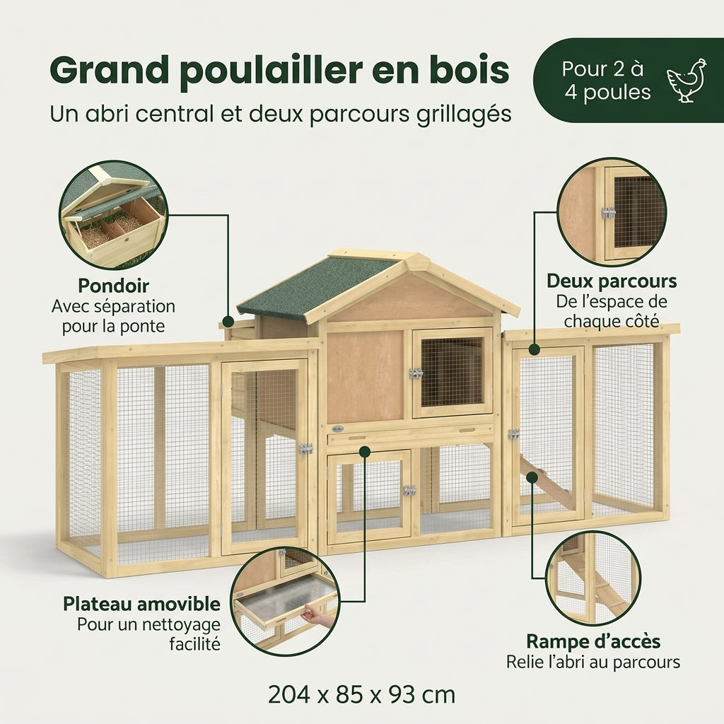 Points forts du grand poulailler en bois : pondoir, plateau, rampe et parcours