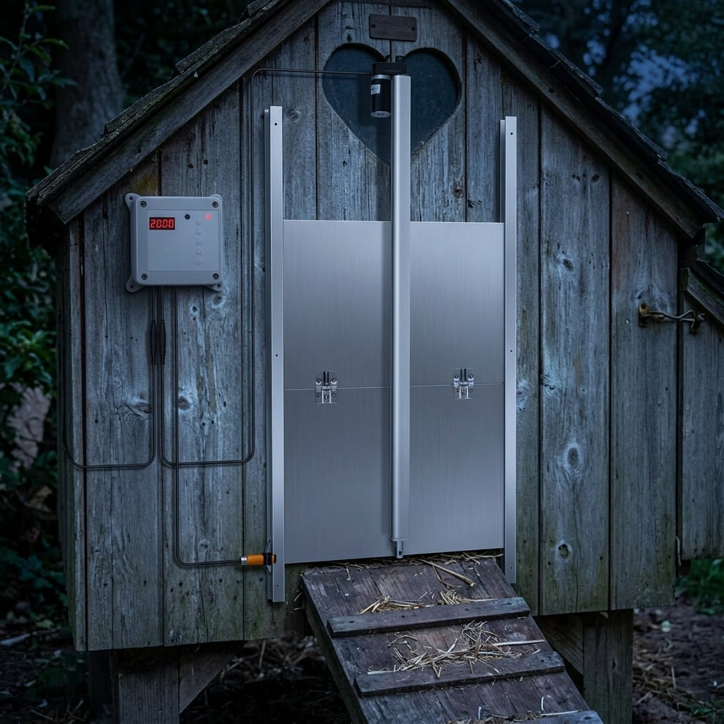 Porte coulissante fermée la nuit sur le poulailler
