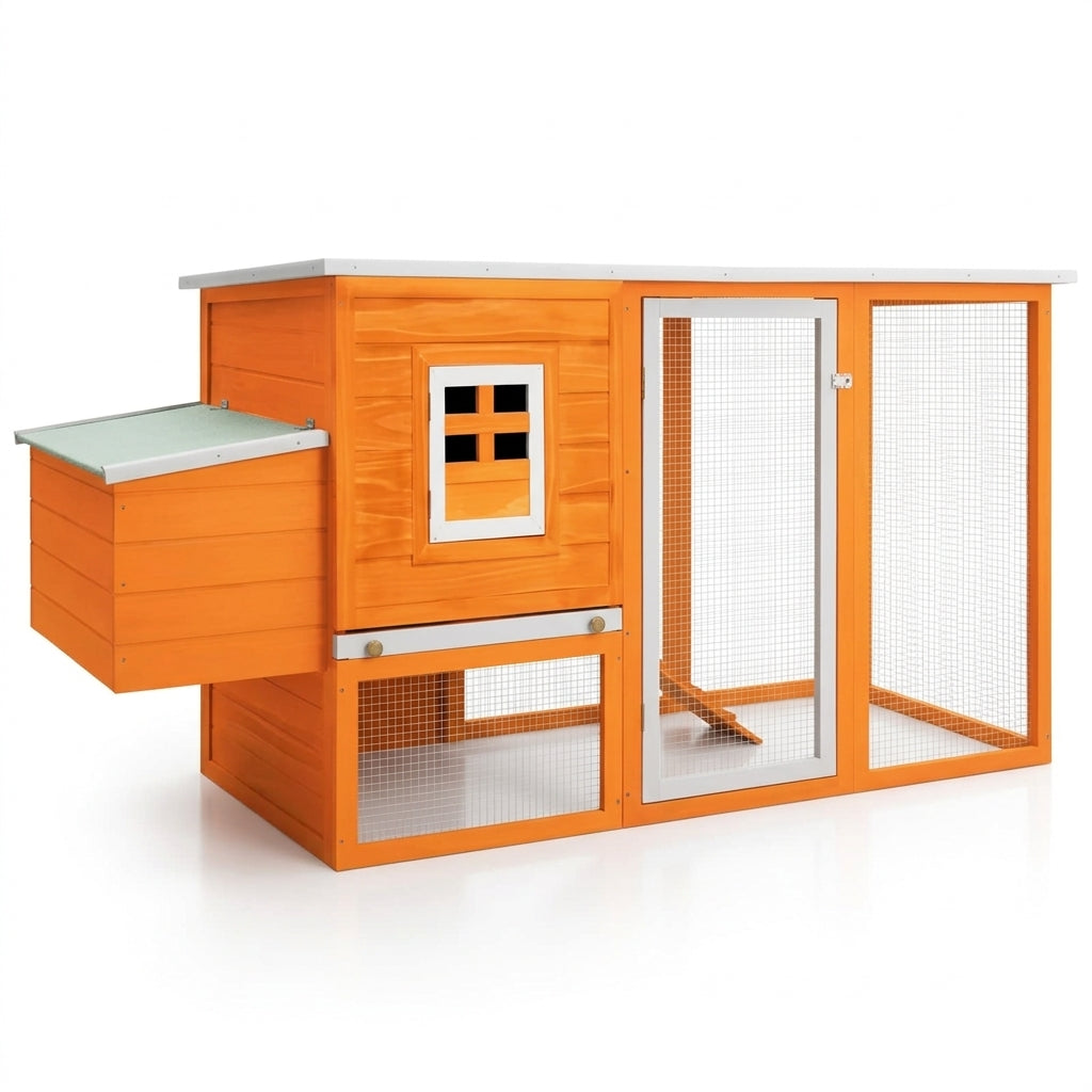 Poulailler en bois orange avec parcours grillagé et pondoir latéral