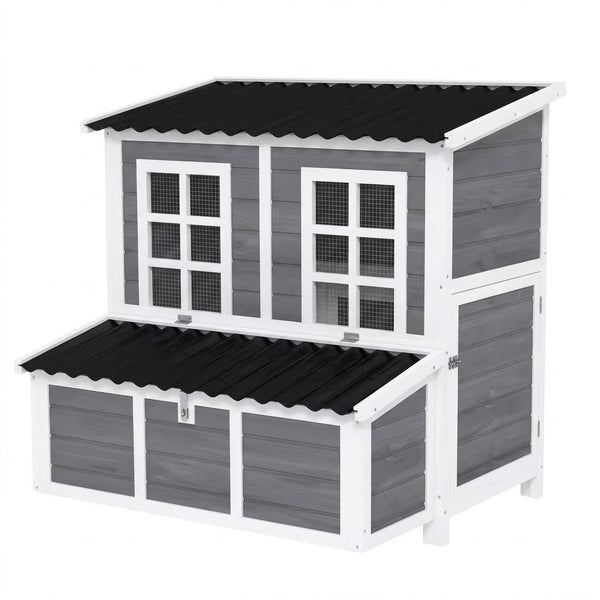 Poulailler 2 niveaux en bois gris clair avec toit ondulé noir