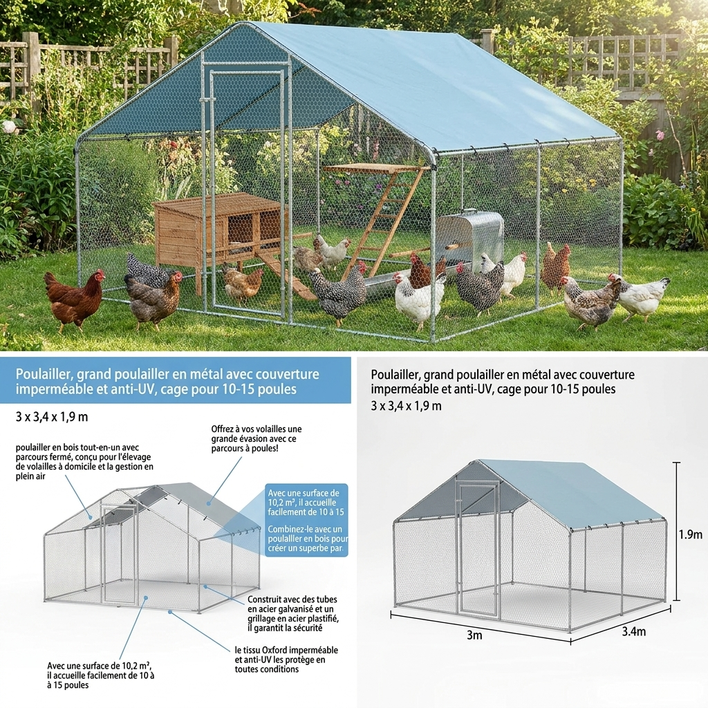 Enclos pour poules en acier galvanisé 3 x 3,4 x 1,9 m – photo 3